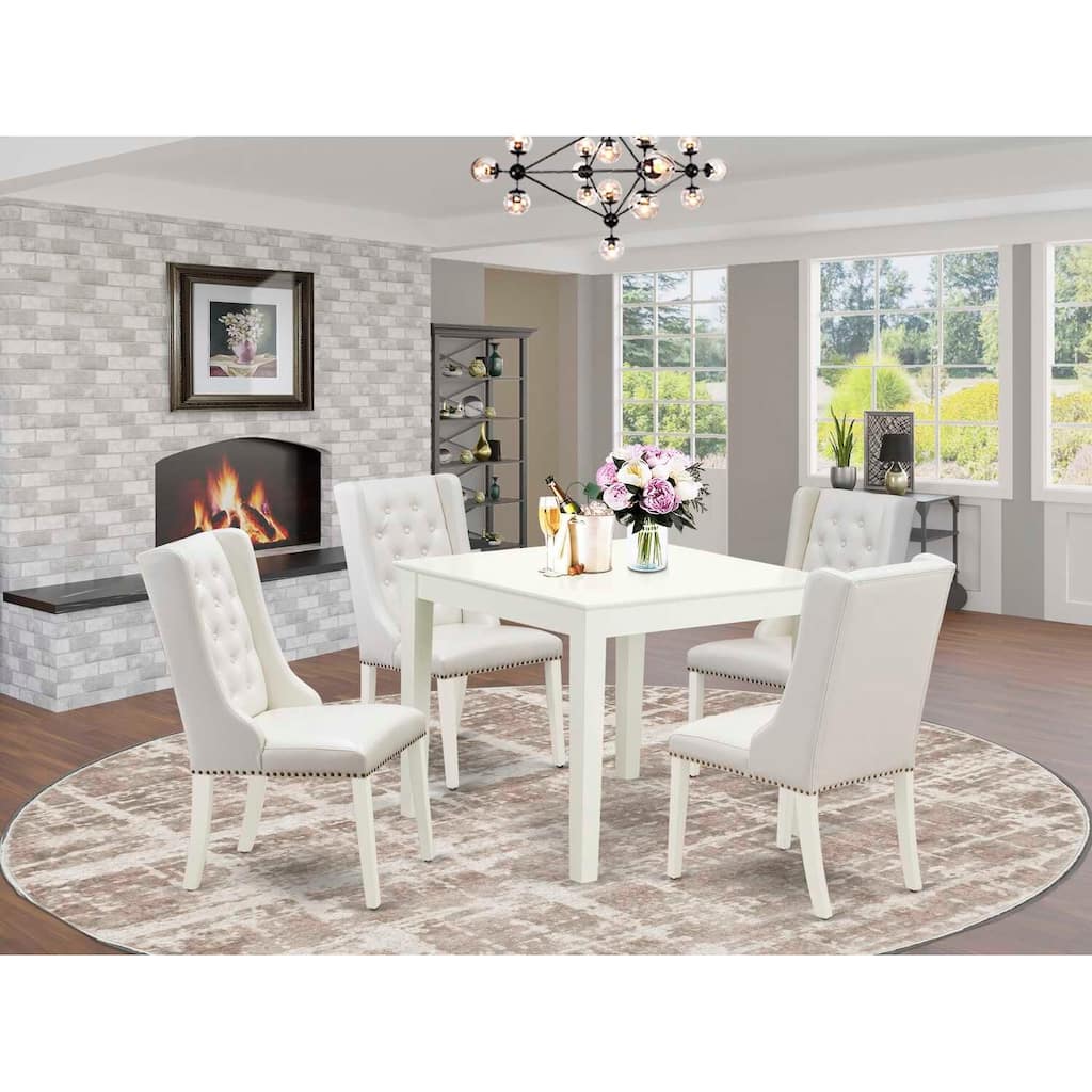 5-Piece Linen White Finish Solid Wood Top - Button Tufted Dining Room Set - Seats 4