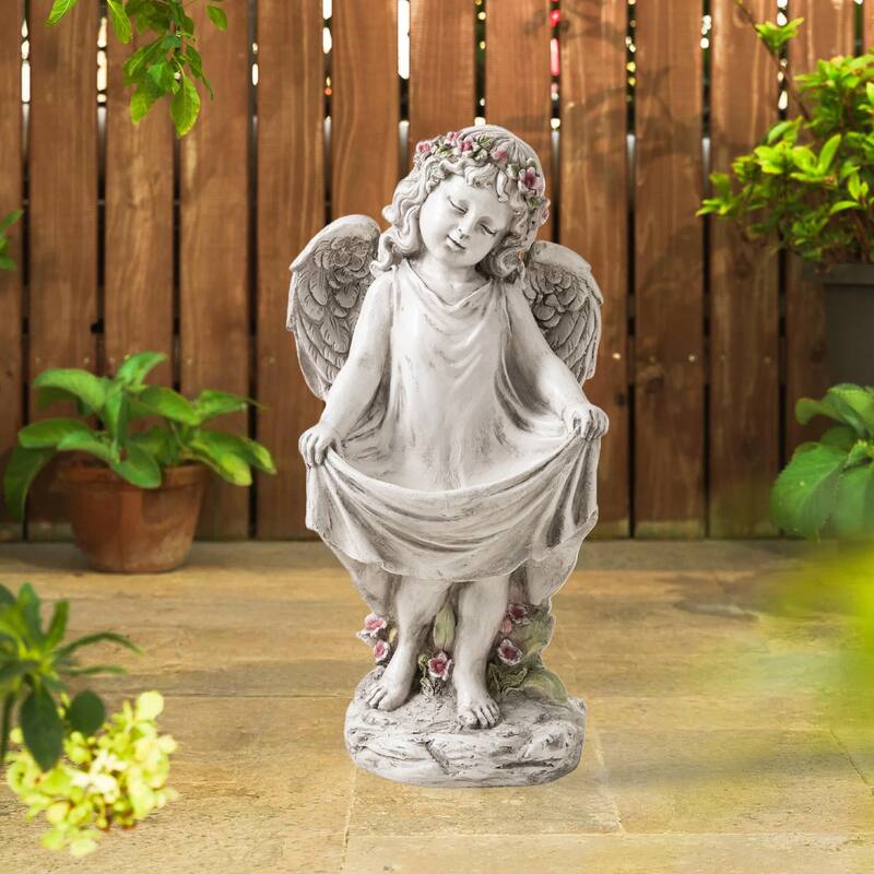 Glitzhome Sleeping Angel MGO Garden Statue for Outdoor Indoor Coastal Sculpture - 21"H Angel with Birdfeeder