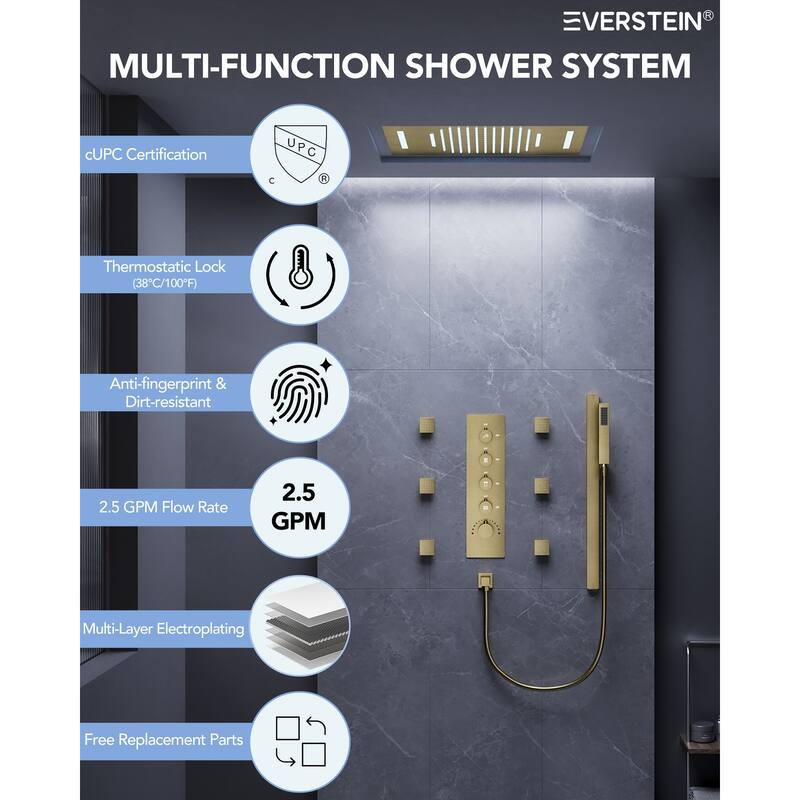 64 Color LED Mood Lighting Thermostatic Shower System with Slide Bar, 23" x15" Bathroom Shower Faucet Set - 22"x15"