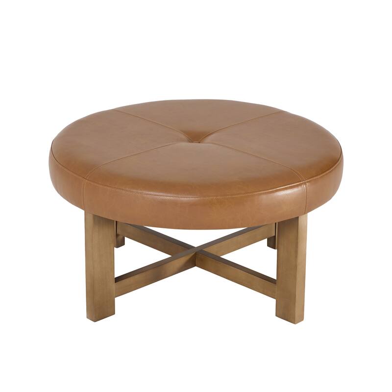 Christopher Knight Home - Marlowe Modern Round Faux Leather Ottoman Coffee Table with Tufted Top and Wood Base