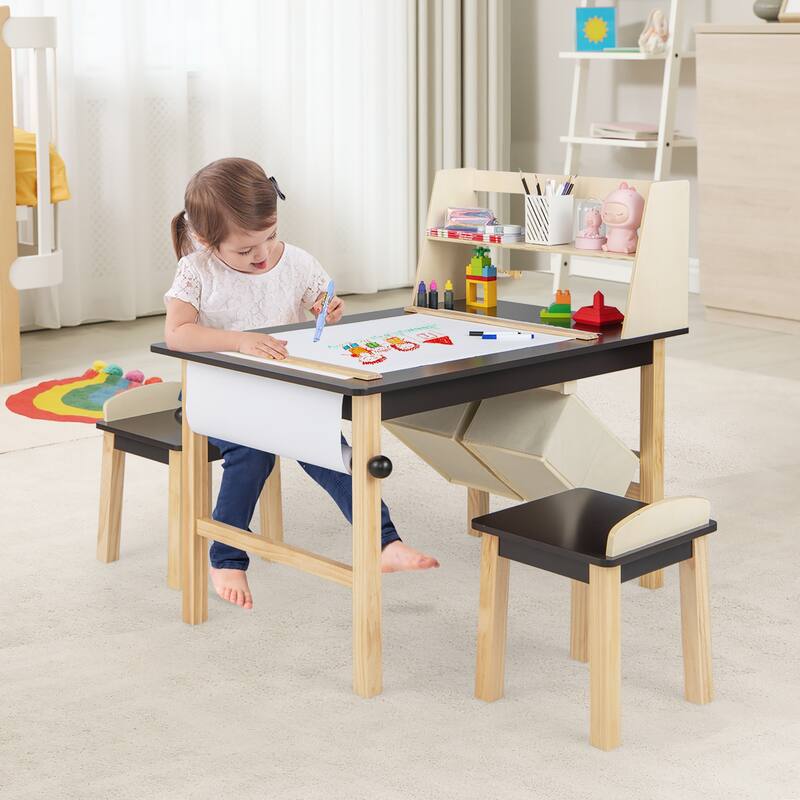 Costway Kids Art Table & Chairs Set Wooden Drawing Desk with Paper - See Details