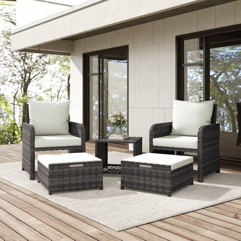 5-Piece PE Rattan Outdoor Patio Set with 2 Chairs, 2 Ottomans, Coffee Table