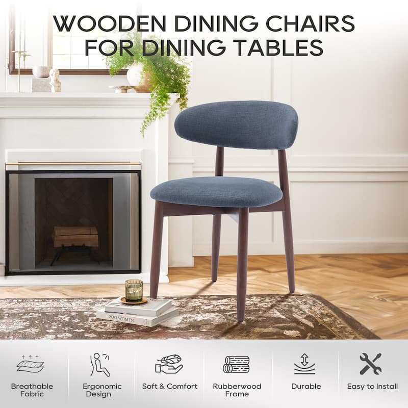 Set of 2 Wooden Dining Chairs, Fabric Upholstered, Beige