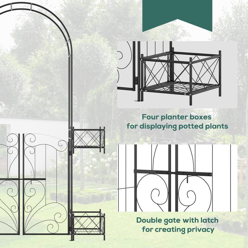 Outsunny 7' Metal Garden Arbor, Garden Arch with Gate, Scrollwork Hearts, Latching Doors, Planter Boxes