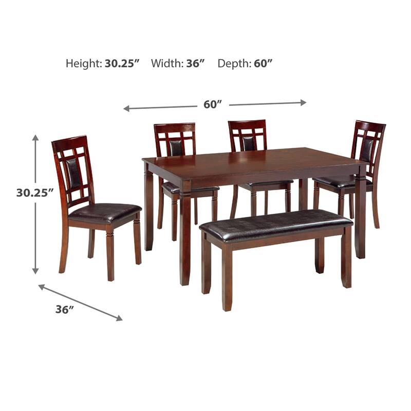 Noxx 6pc Dining Table Set with 4 Chairs 1 Bench, Brown, Faux Leather