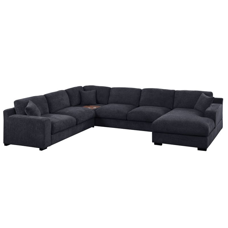 Celine 128"W Chenille Fabric Corner Sectional Sofa with Right-Facing Chaise, Cupholders, and Charging Ports