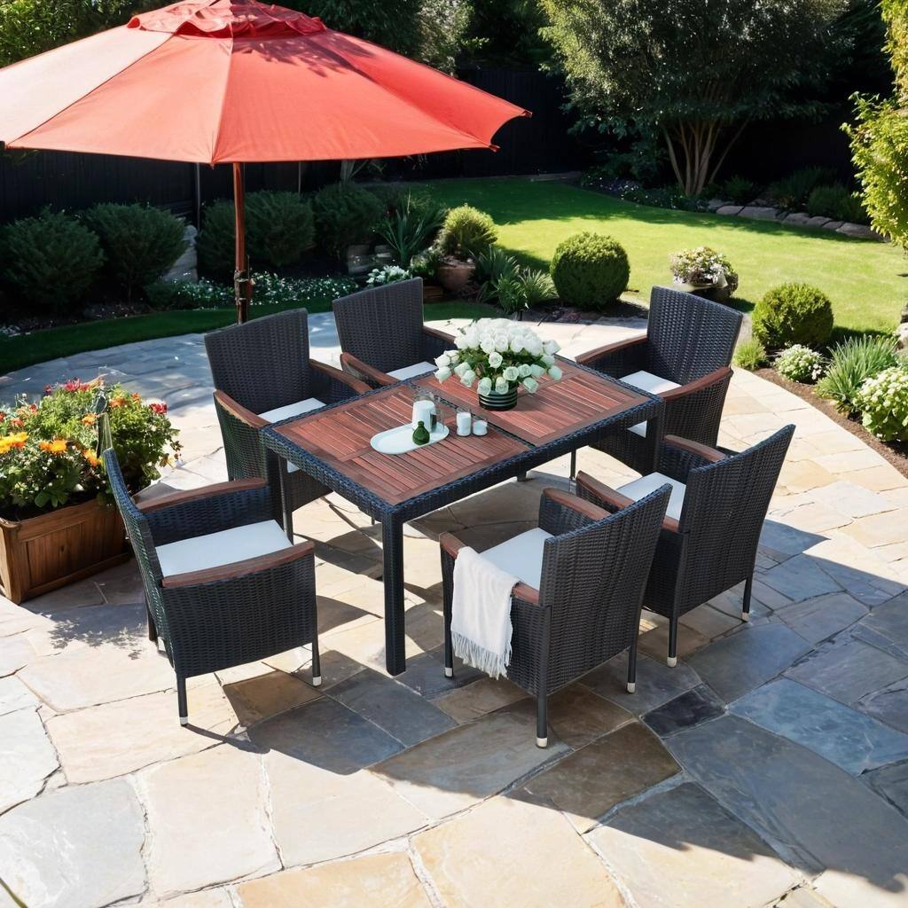 7-Piece Outdoor Patio Dining Set with Table and Chairs Set, Acacia Wood Tabletop, Stackable Armrest Chairs with Cushions, Brown