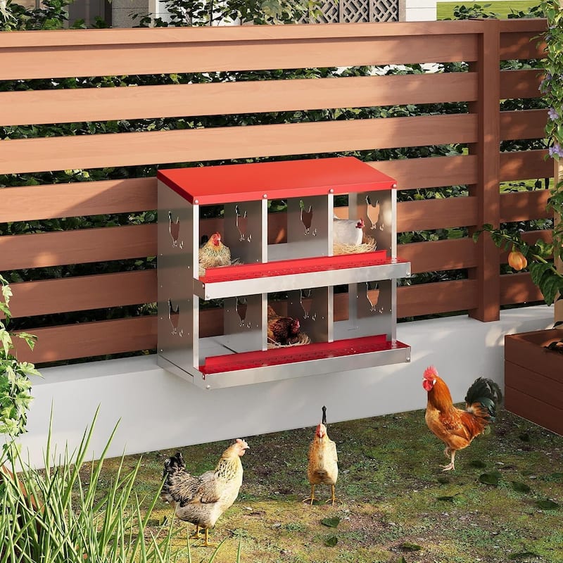 Wall-Mount or Free-Standing Metal Chicken Nesting Box for Hens, Red - Red 6 Compartments