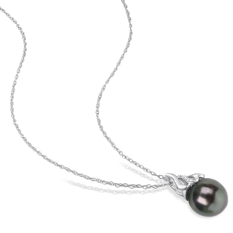 Miadora Black Tahitian Cultured Pearl and Diamond Accent Swirl Pendant in 14k White Gold (9-10mm)