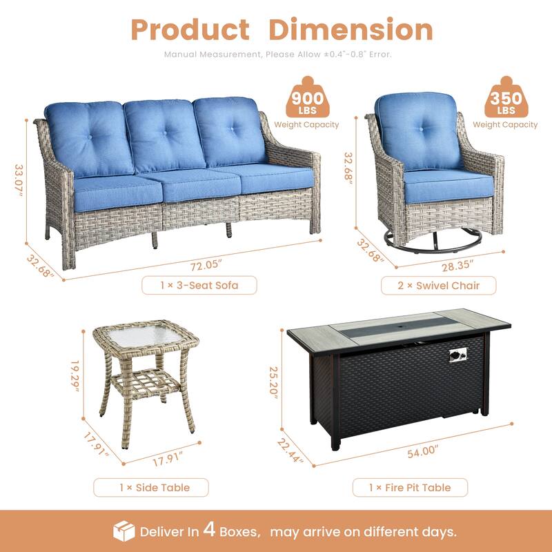 XIZZI 5-Piece Wicker Patio Furniture Set with Sofa, Swivel Chairs & Fire Pit