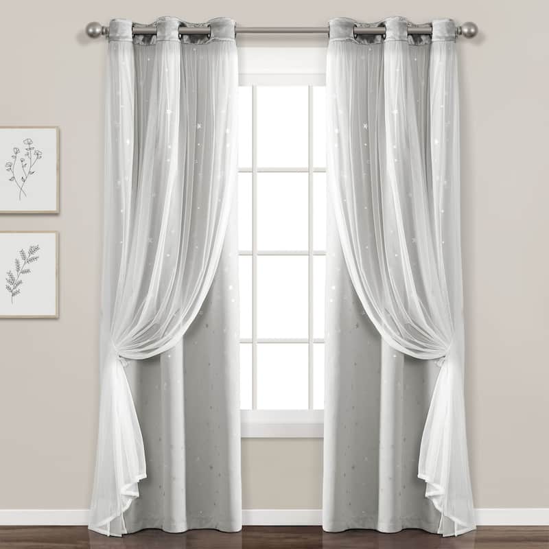Lush Decor Star Sheer Insulated Grommet Blackout Window Curtain Panel Pair - 84 Inches - Light Gray