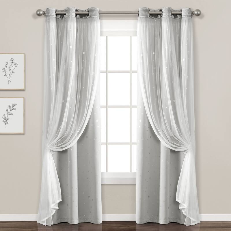 Lush Decor Star Sheer Insulated Grommet Blackout Window Curtain Panel Pair - 84 Inches - Light Gray