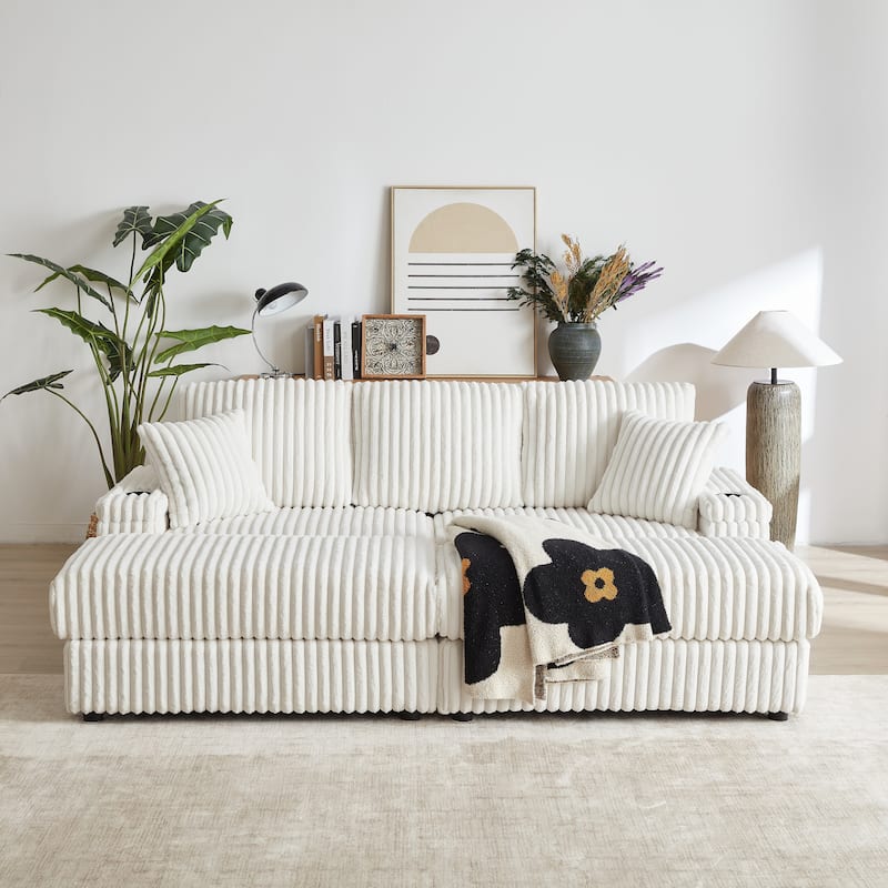 84Inch Corduroy Sofa with 3 Back Pillows,2 Toss Pillows,2 Ottoman,2 Footstool Storage and Cup-Holding Grooves Comfy Sofa