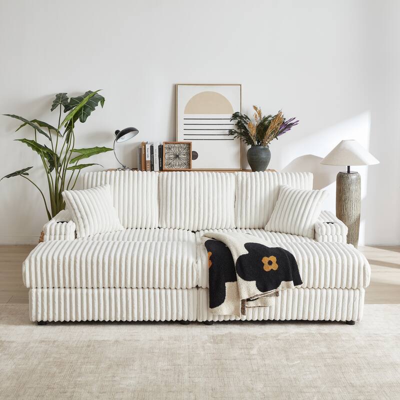 Deep Seat Sectional Loveseat Set with 2 Ottoman and 2 Pillows, Corduroy Chaise Lounge Bed with 2 Storage Spaces and Cupholding