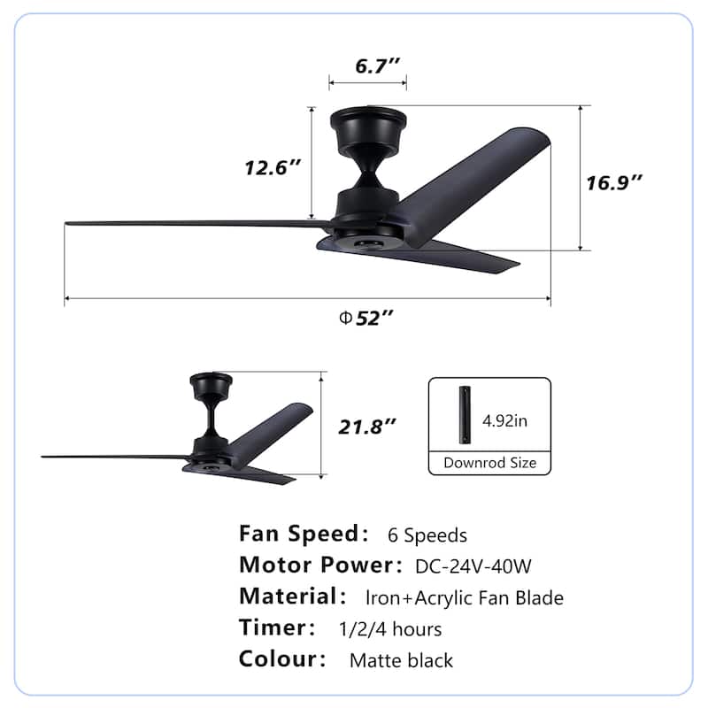 52" Flush Mount & Rod ABS 3 Blades Ceiling Fan with Remote Control No Lights