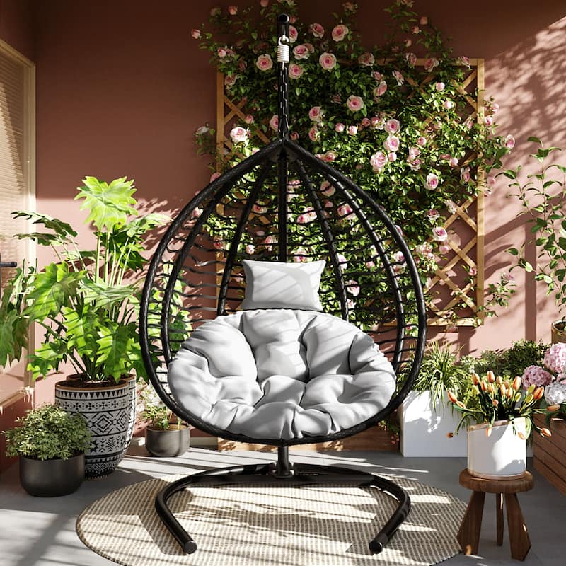Hanging Hammock Chair with Stand, Foldable Rattan Egg Swing Chair with Iron Frame and Plush Cushion & Removable Headrest