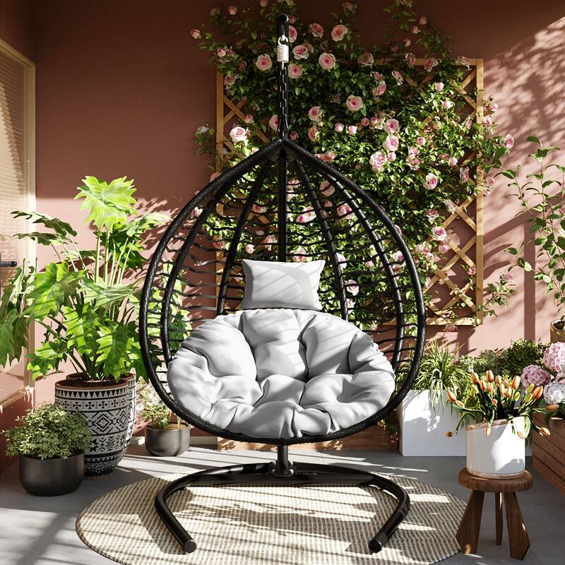 Indoor Outdoor Hanging Hammock Chair with Stand, Rattan Egg Swing Chair with Plush Cushion and Removable Headrest
