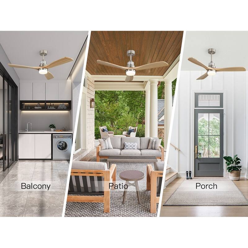 52" Solid Wood Noiseless 3-Blade Ceiling Fans with Dimmable LED Light Optional and Remote, 6-Speed Reversible DC Motor