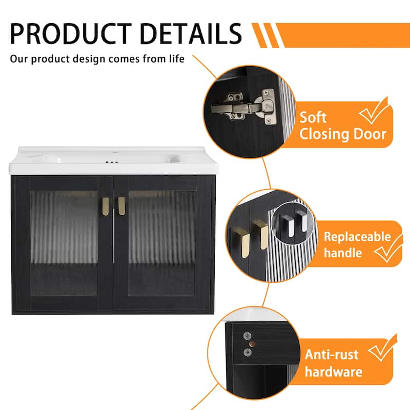Bathroom Vanity With Sink In 28/32 Inch, Floating/Freestanding Bathroom Vanity With Soft Close Door