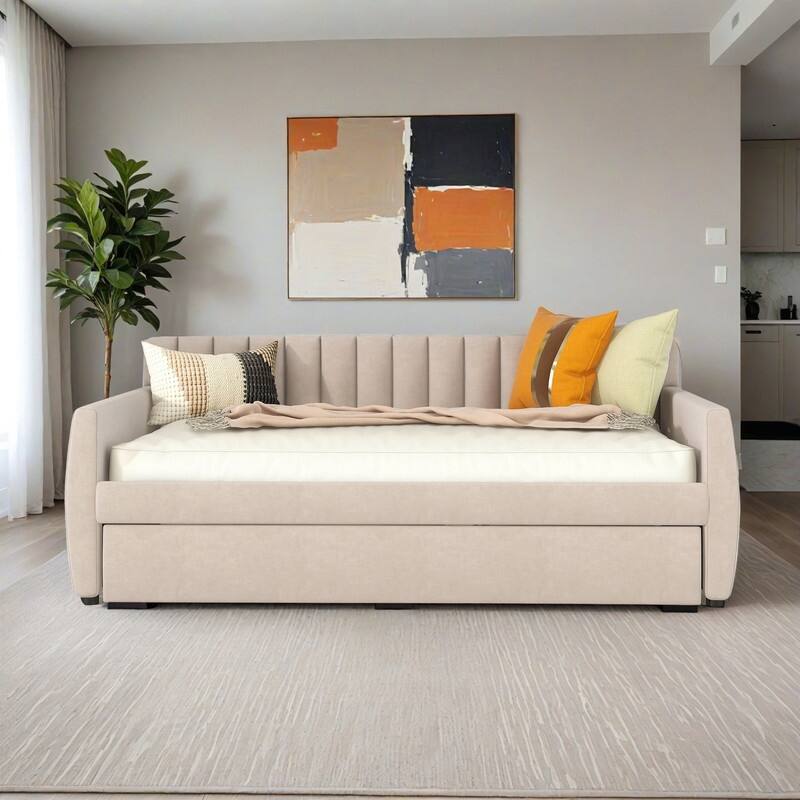 Full Size Upholstered daybed with Trundle and Wood Slat Support - Beige
