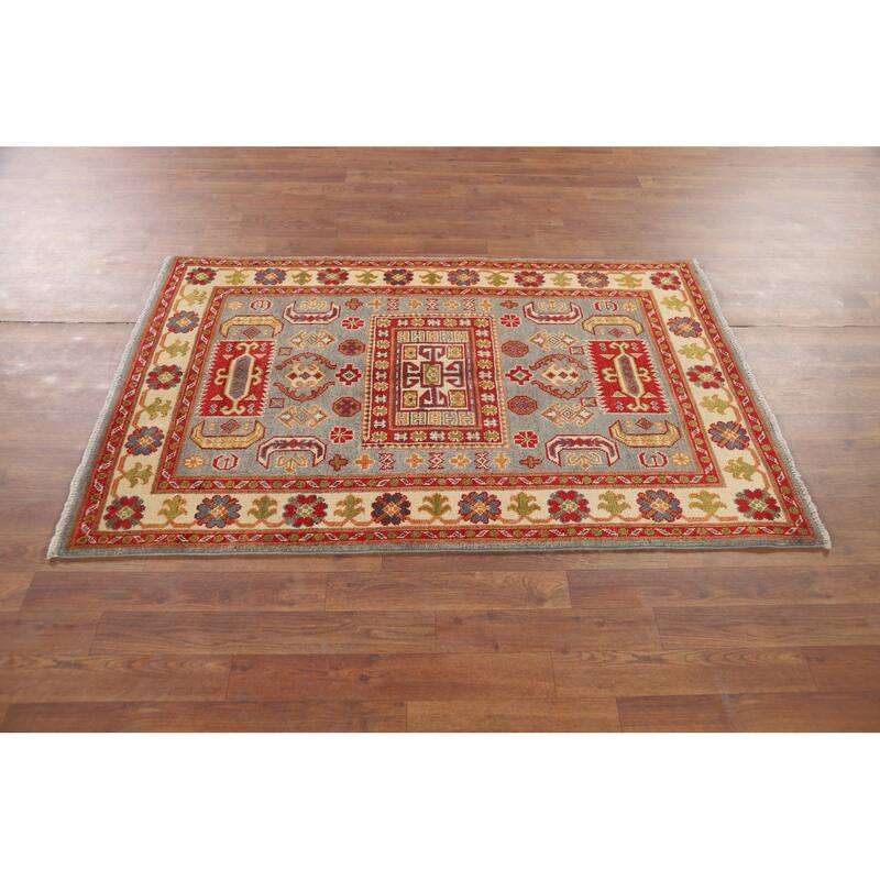 Geometric Kazak Accent Rug Handmade Wool Carpet - 3'4" x 5'0"