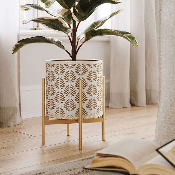 Boho Metal Planter Pot With 4-Leg Gold Metal Base - White & Gold - 14.75"H x 11.75"W x 11.75"D