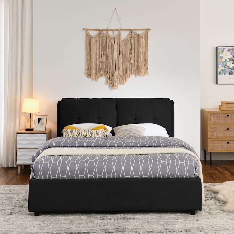 Chenille Storage Bed Frame, Hydraulic Lift Platform Bed with Under Bed Storage and Integrated Headboard, No Box Spring Needed - Black - Queen