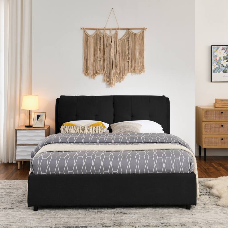Hydraulic Storage Bed Frame Chenille Upholstered Platform Bed Queen Size Low Profile Bed with Integrated Headboard - Black - Queen