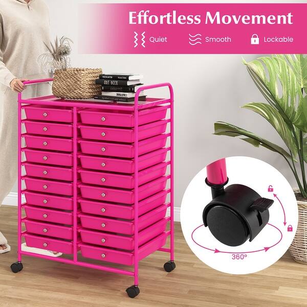 LDAILY 20-Drawer Rolling Storage Cart - Metal Frame Organizer On Wheels, For Office, School, Craft Supplies (Hot Pink)