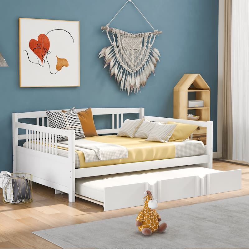 Full Size Wooden Daybed Frame with Twin Trundle and Rails, Solid Pine Wood Bed Convertible Lounge Sleeper Sofa Bed - White - Full