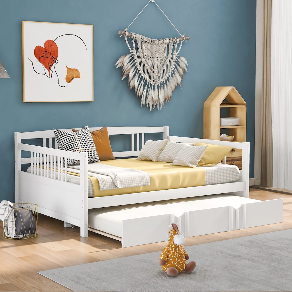 White Full Size Daybed with Twin Trundle, Solid Pine Wood Frame, Multi-Functional Furniture