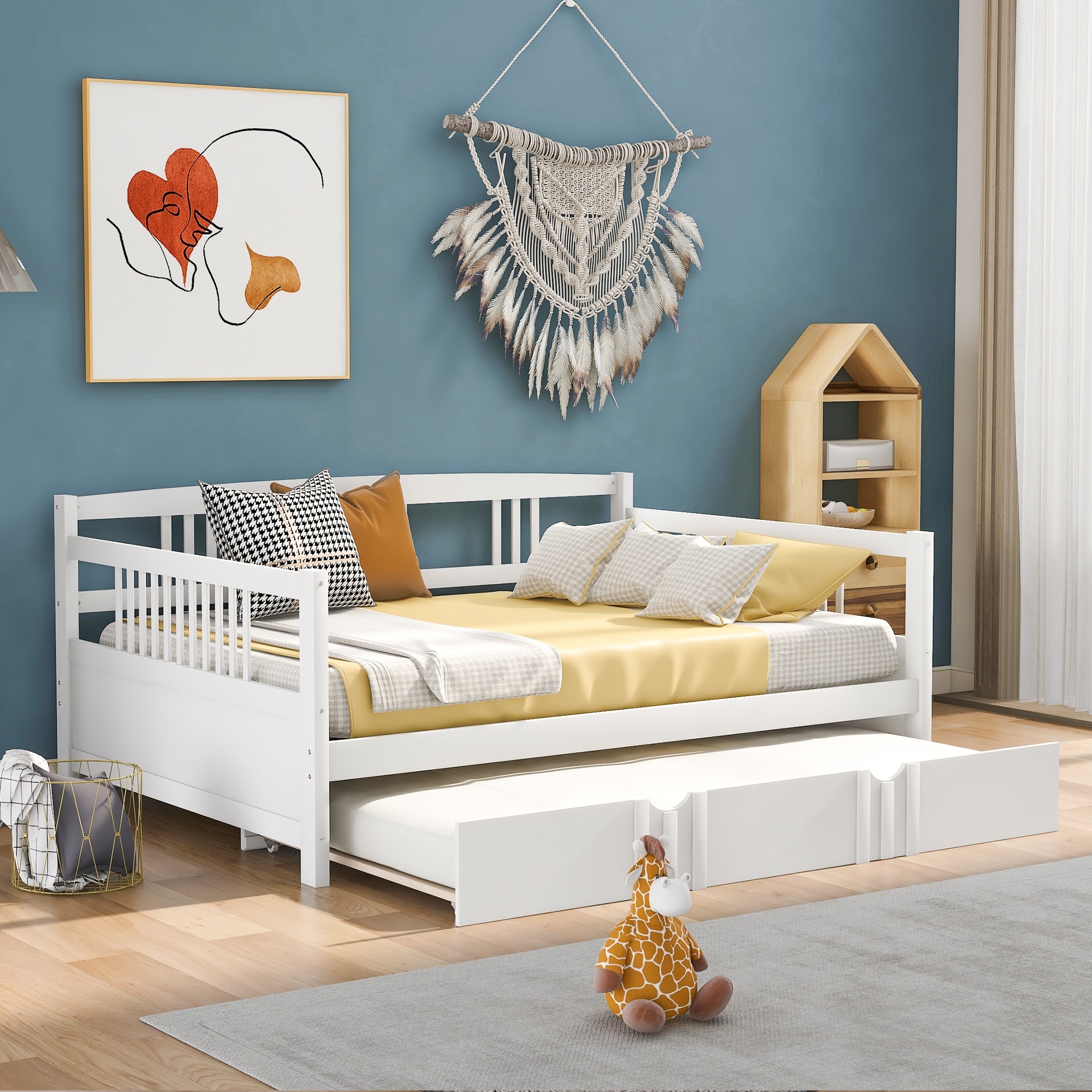 Wooden Twin/Full Daybed with Pull-Out Trundle, Perfect for Kids or Guest Rooms