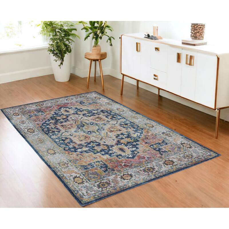 Power Loomed Distressed Floral Non Skid Area Rug - 72' X '48' X '0.5 - 72' X '48' X '0.5 - Oxford Blue - Rectangle