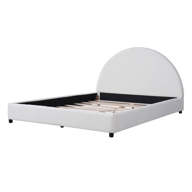 Upholstered Bed with Round Curved Headboard Wingback Bed, White Boucle Platform Bed Frame