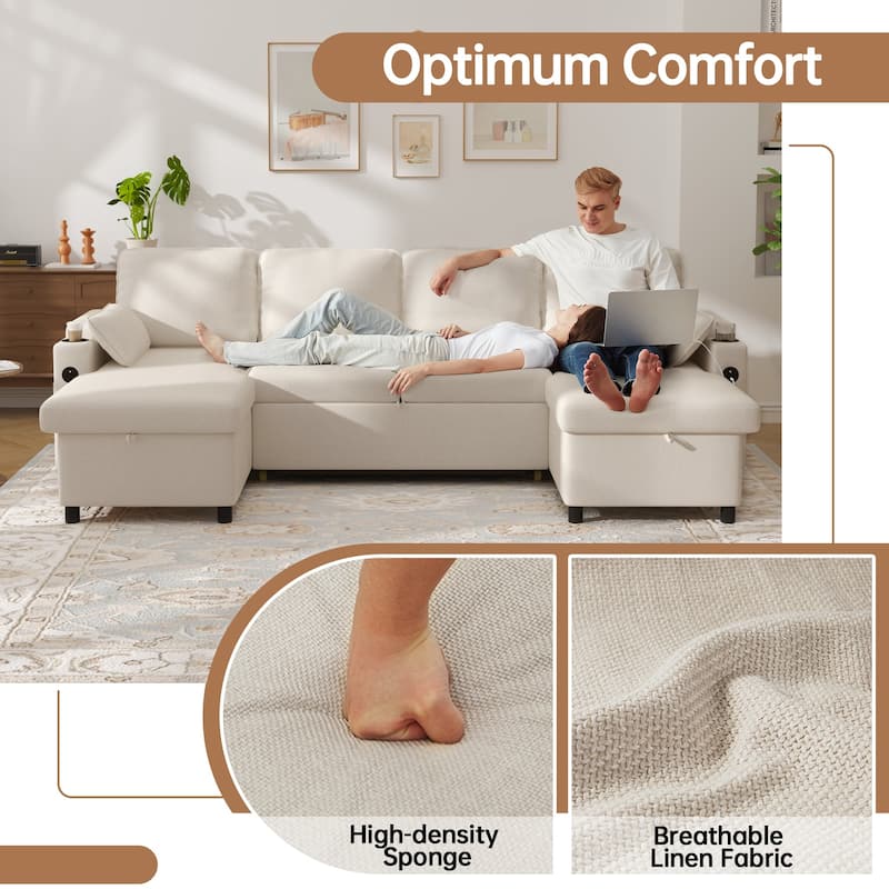 Convertible Sleeper Sofa 3-in-1 Pull Out Sectional Sofa Bed L/U-Shaped Couch with Storage Chaise
