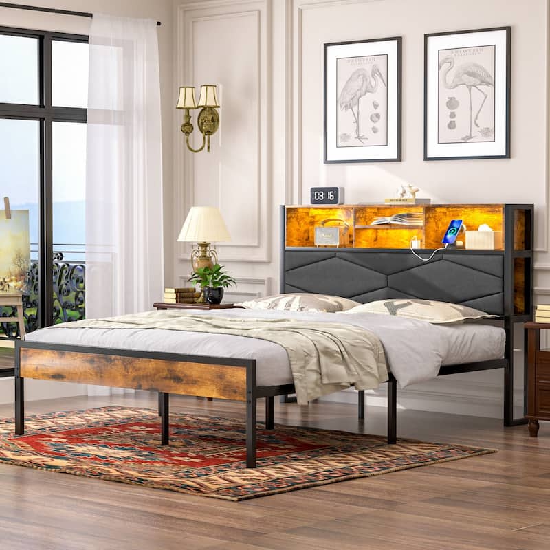 VECELO PU Leather Smart Bed Frame with RGB LED Lights and Bookcase Storage USB Outlet Charging Headboard No Box Spring