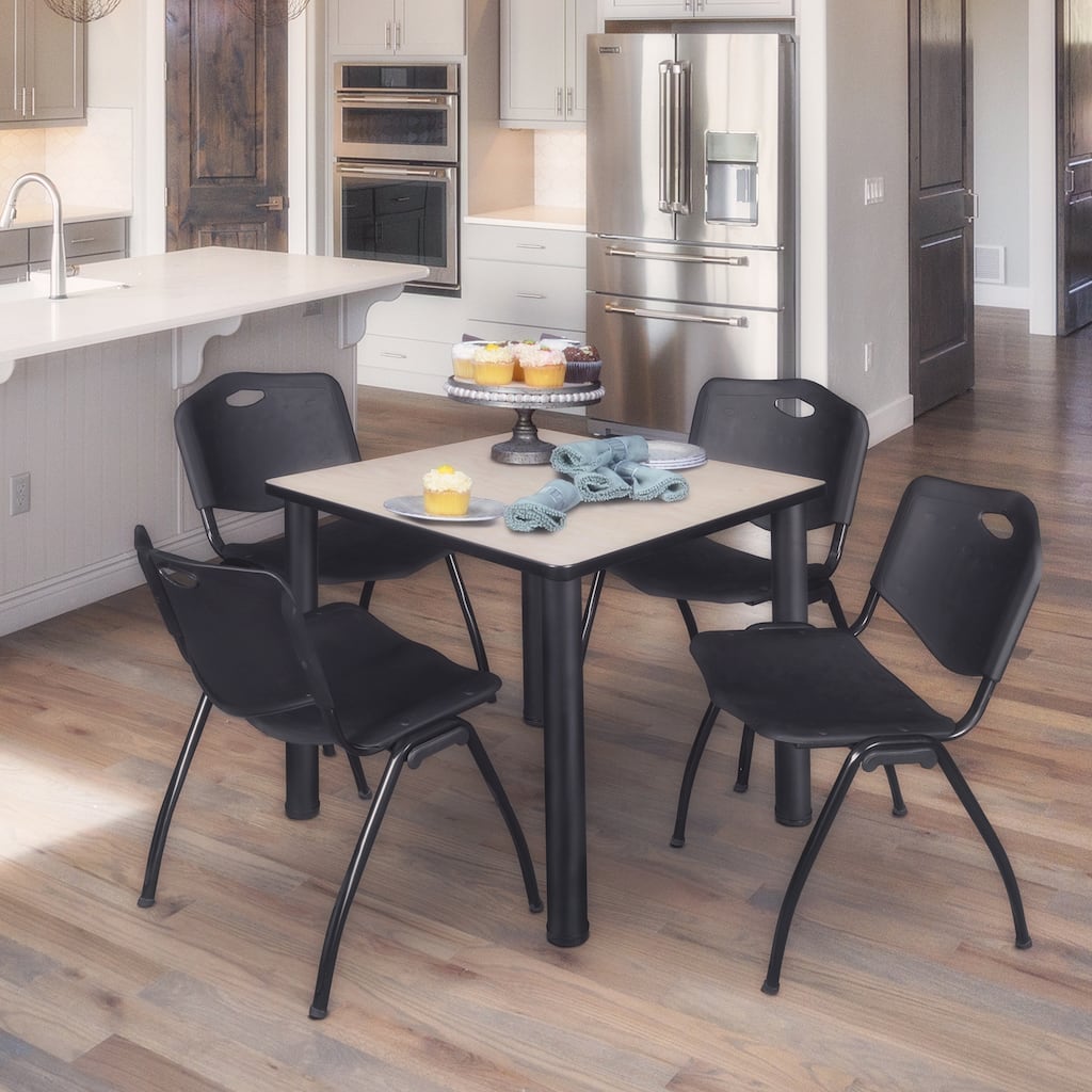 36" Square Breakroom Table- Maple/ Black & 4 'M' Stack Chairs- Black - Black, Maple - 36
