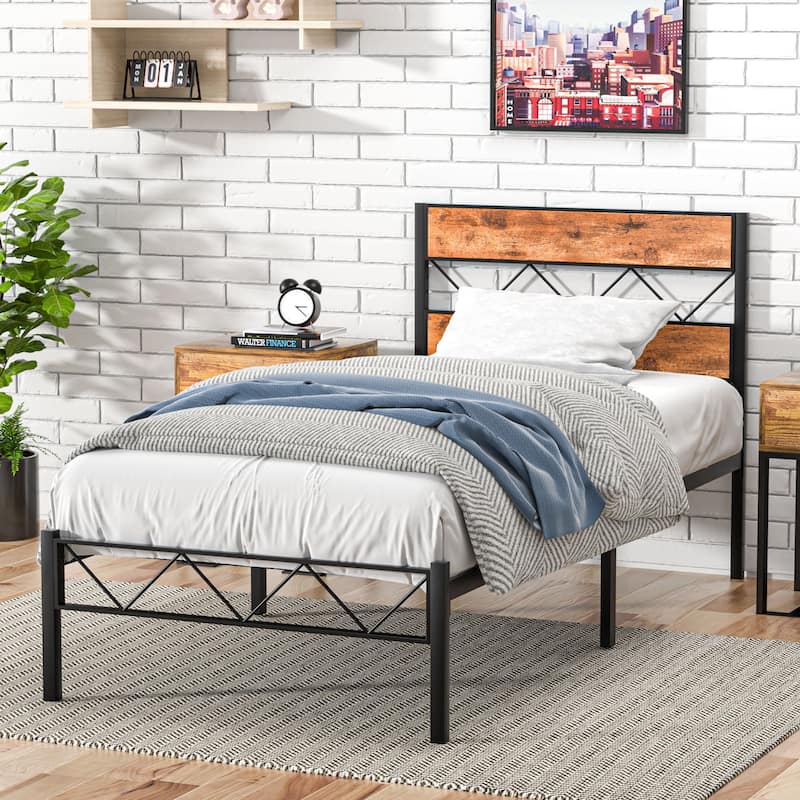 Twin Size Bed Frame Sett Metal Platform Bed with Wood Headboard Footboard Set of 2