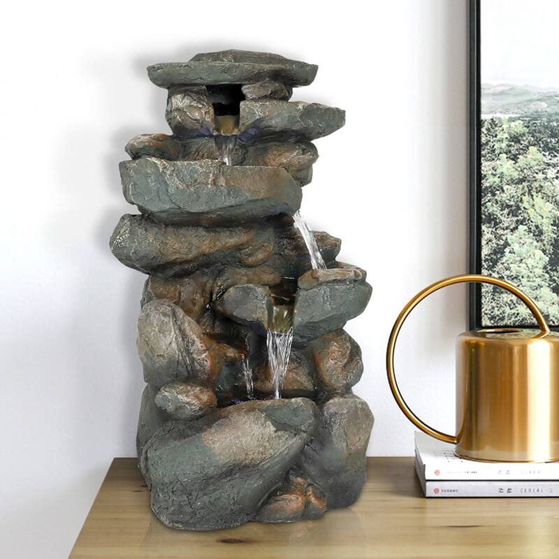 5-Tier Rock Falls Cascading Tabletop Water Fountain with LED Lights - 16"H Indoor Relaxation Waterfall Feature for Home