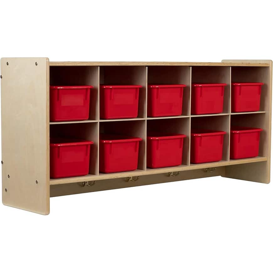 RRI Goods 10 Section Wall Mount Classroom Storage Organizer, Cubby Shelving with Trays and Hooks