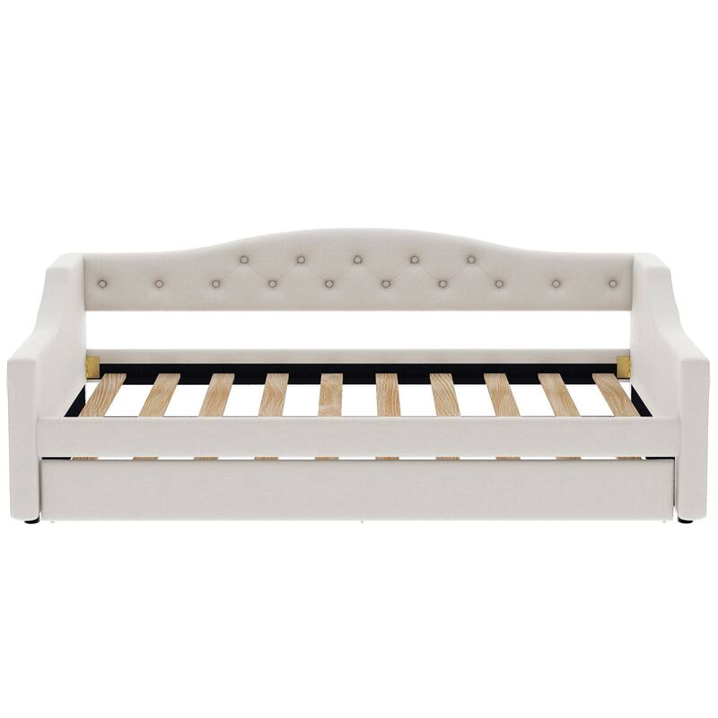 Linen Fabric Daybed Sofa Bed with LED Lights on Both Sides, Upholstered Tufted Platform Bed Frame with Trundle Bed