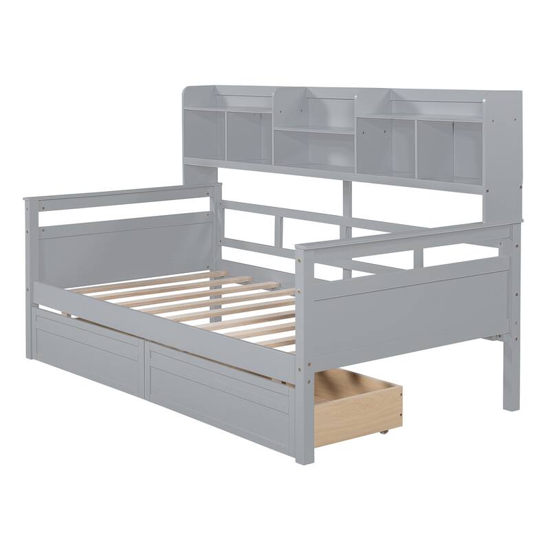 Twin Size Daybed with Wood Slat Support, Bedside Shelves, and 2 Storage Drawers