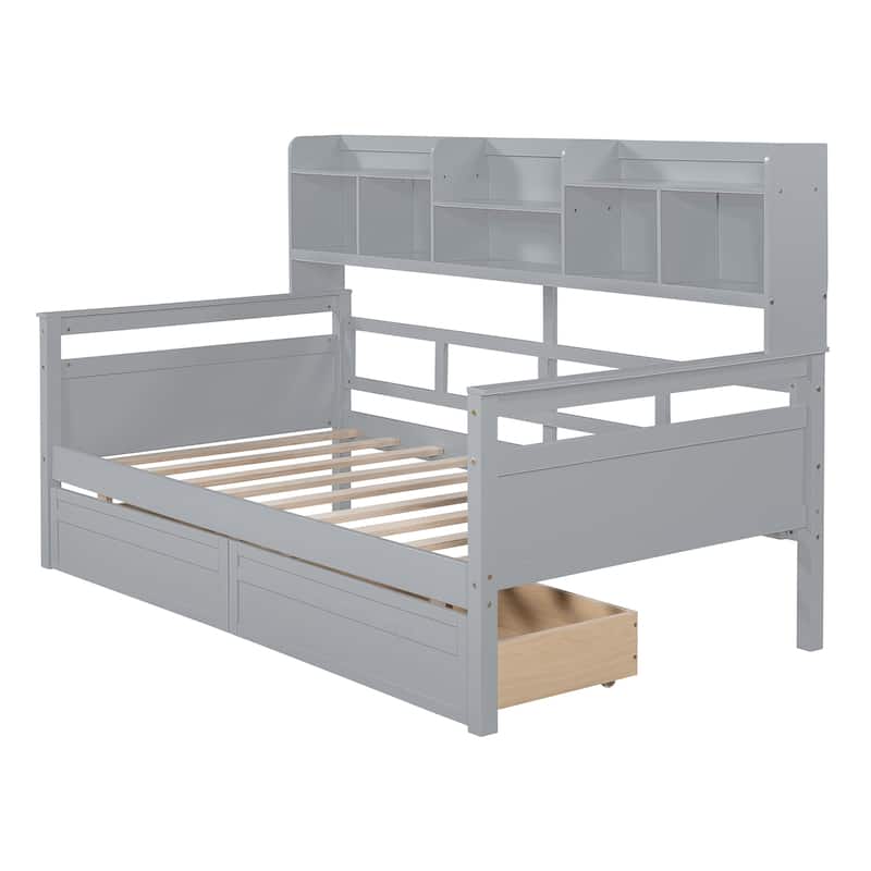 Wood Slat Support Daybed, with Bedside Shelves and Two Drawers