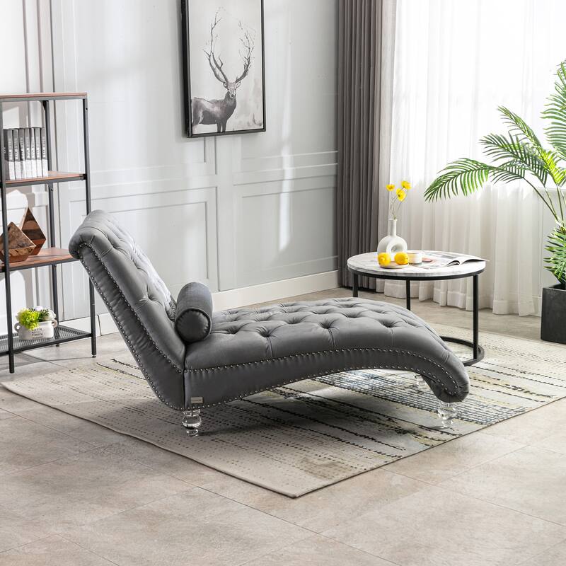 Silver 63.98" Buttons Tufted Chaise Lounge Chair with Pillow