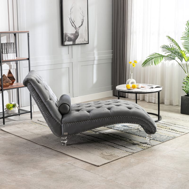 Silver Modern 63.98" Upholstered Buttons Tufted Chaise Lounge Chair with Pillow and Acrylic Legs