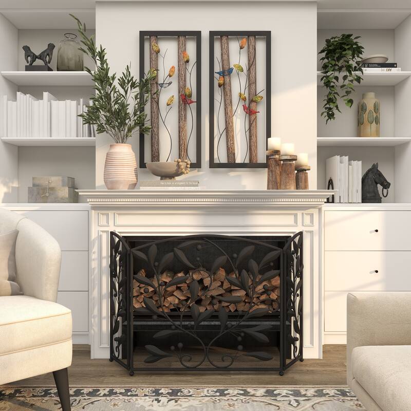 Black Metal Foldable 3 Panel Scroll Fireplace Screen with Leaf and Vine Relief