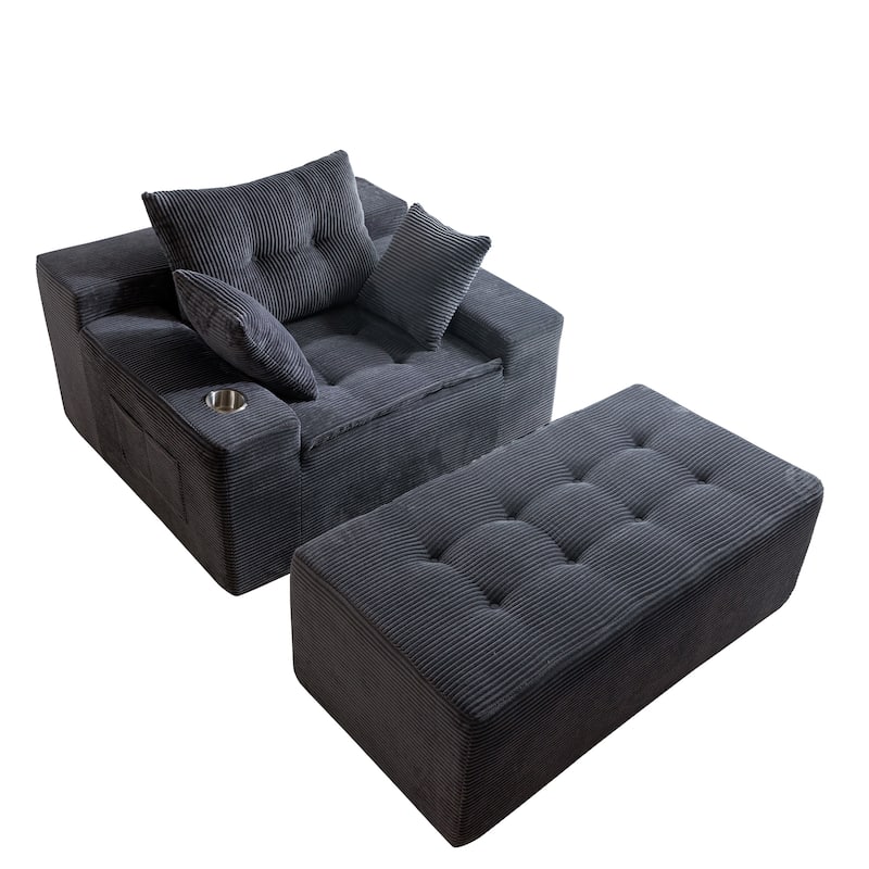 Corduroy Upholstered Memory Foam Sofa With Ottoman Upholstered Bean Bag Couch - 48.4"Lx67.7"Wx24.4"H - Grey