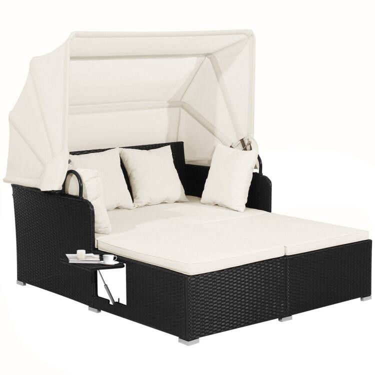 Outdoor Patio Daybed with Canopy and Foldable Side Trays - 65" x 60.5 x 58.5"