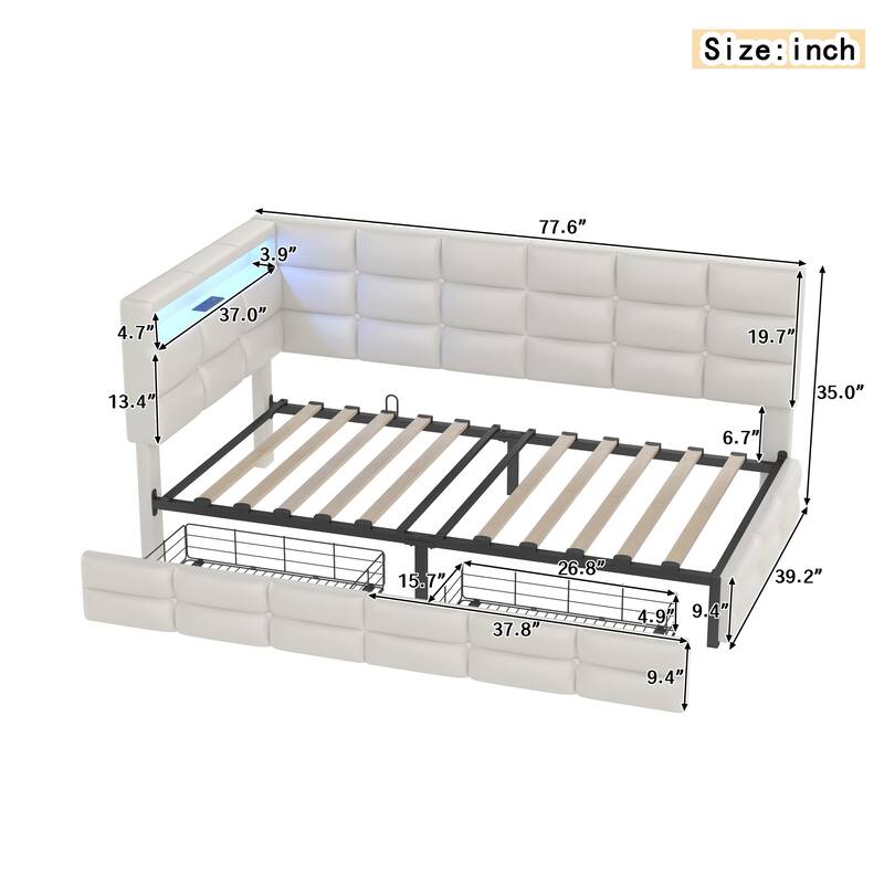 Daybed with 2 Drawers, Upholstered Daybed with Charging Station & LED Lights, Sofa Bed Frame with Storage Headboard