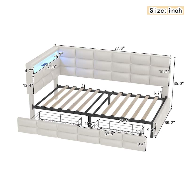 Modern Twin Daybed with Built-in Charging Station, LED Headboard Lights, and Storage Drawers